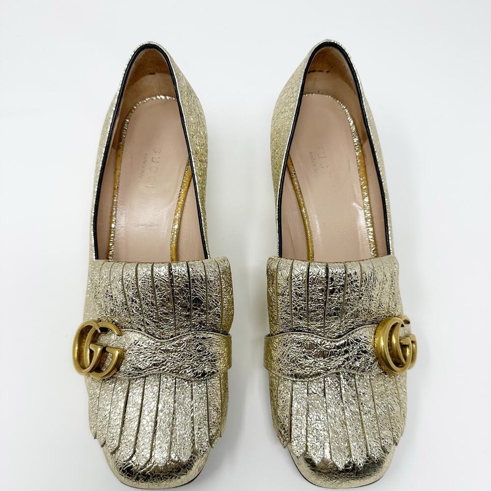 🆕 Gucci Galassia GG Platino Marmont Metallic Gold Block Loafers 37.5/7.5✨ - Picture 4 of 14